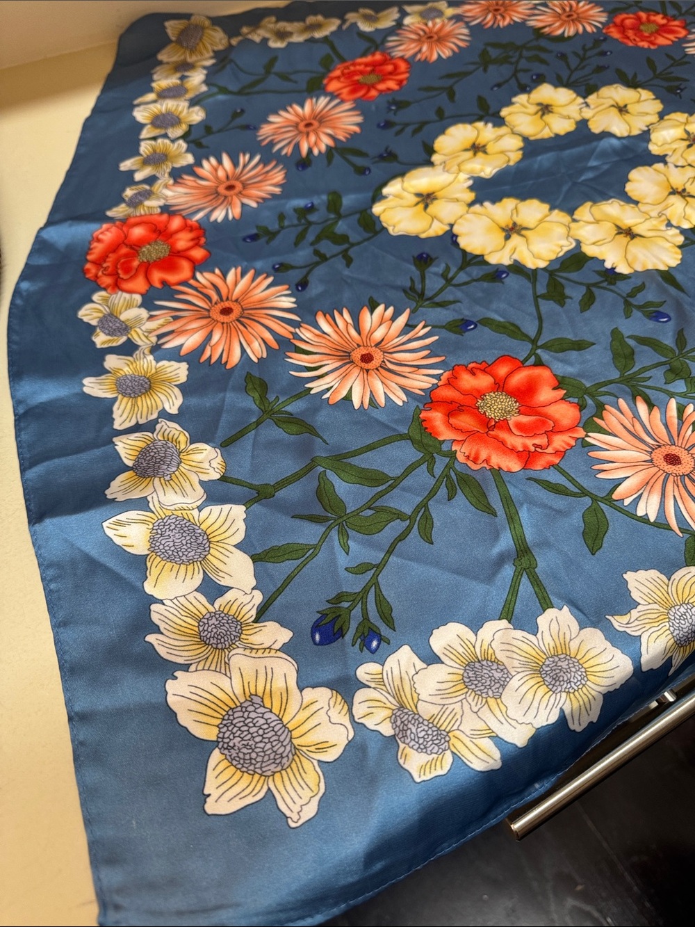 Anthropologie Blue Floral Satin Scarf with Coral, Peach & Yellow Blooms - Picture 3 of 3